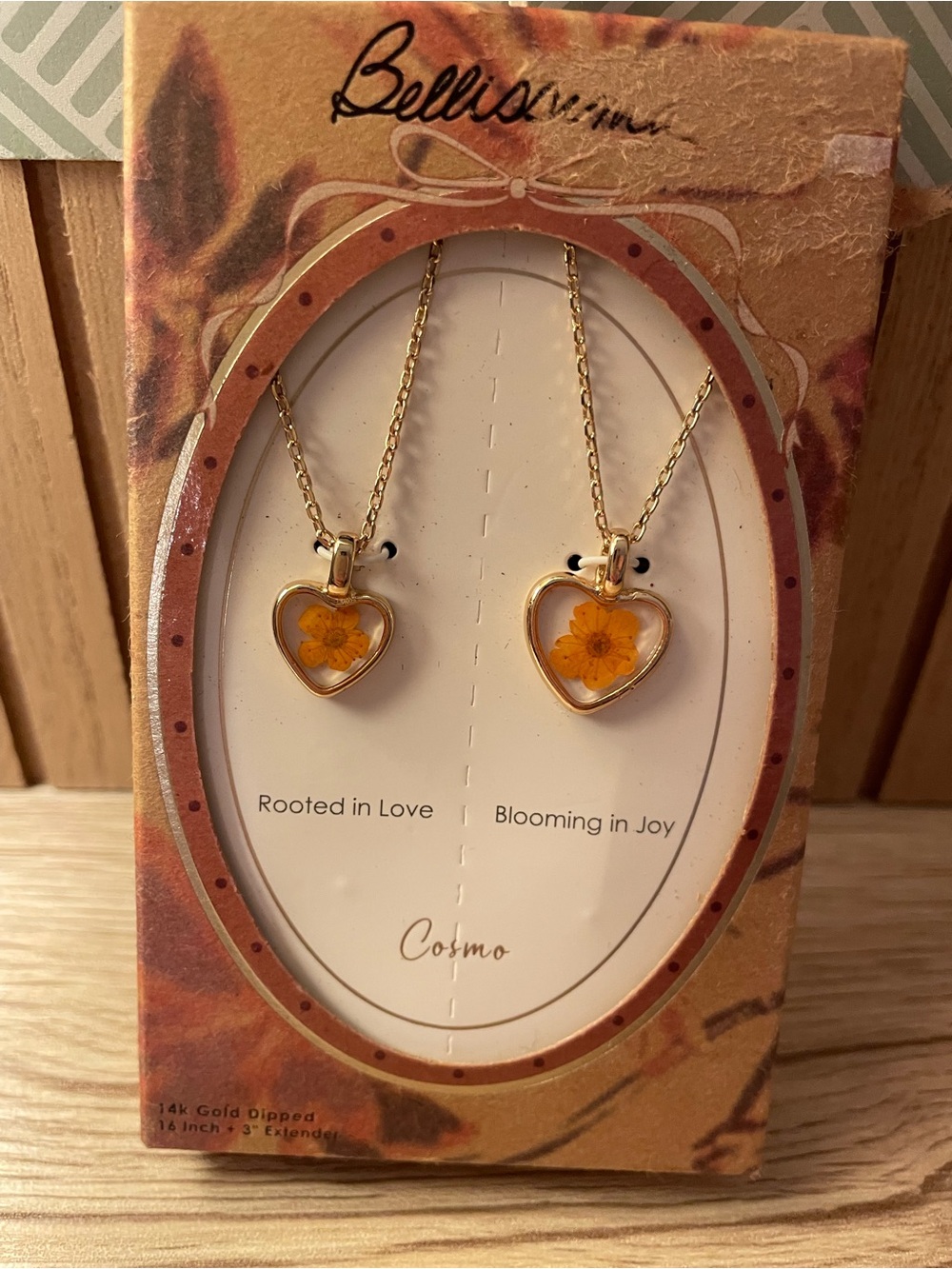Gold Heart Necklace with Yellow Flower Charm 2pc New gift